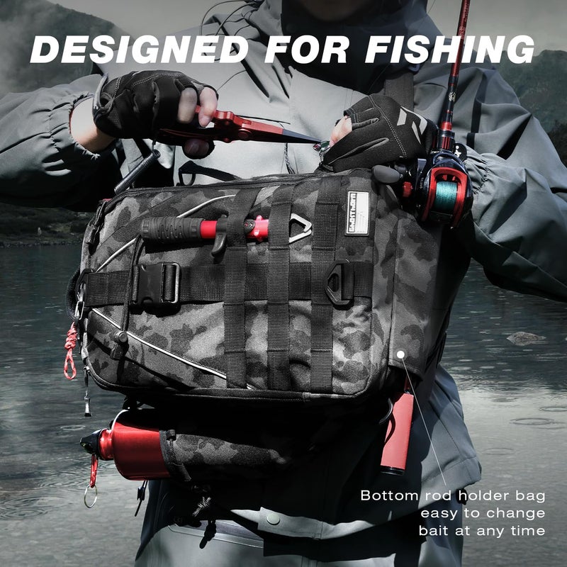 Ghosthorn Fishing Backpack Tackle Sling Bag-Backpack with Rod Holder- Lightweight Tackle Box Fly Fishing Gifts for Men Women (I.Large Black Camouflage) - Image 5